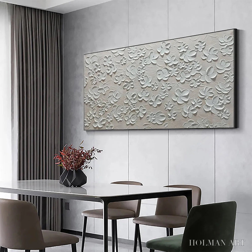 HOLMAN ART Blanc Bloom – Textured White Floral Painting, Horizontal Canvas, Minimalist - image 4