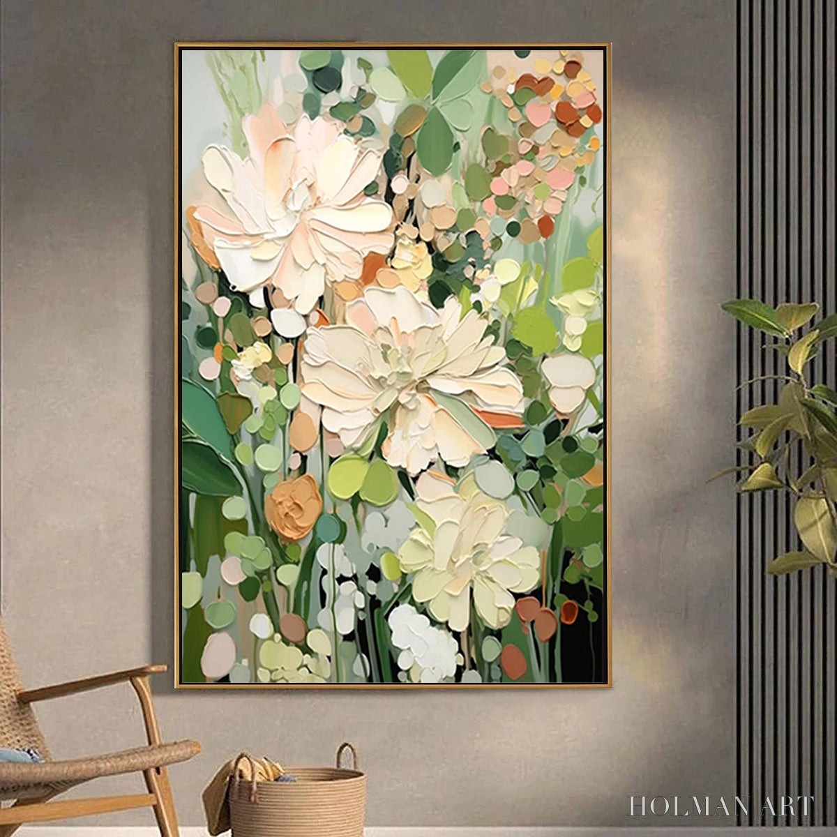 HOLMAN ART Blushing Blooms – Textured Floral Painting, Impasto Palette Knife, Vertical Canvas, Modern Floral - image 2