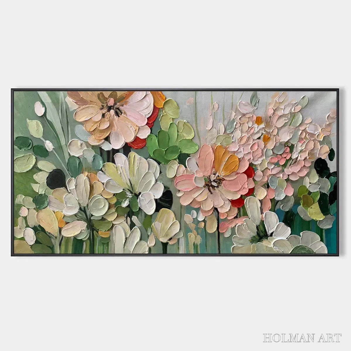 HOLMAN ART Garden Delight – Textured Floral Painting, Impasto Palette Knife, Horizontal Canvas, Garden - image 1