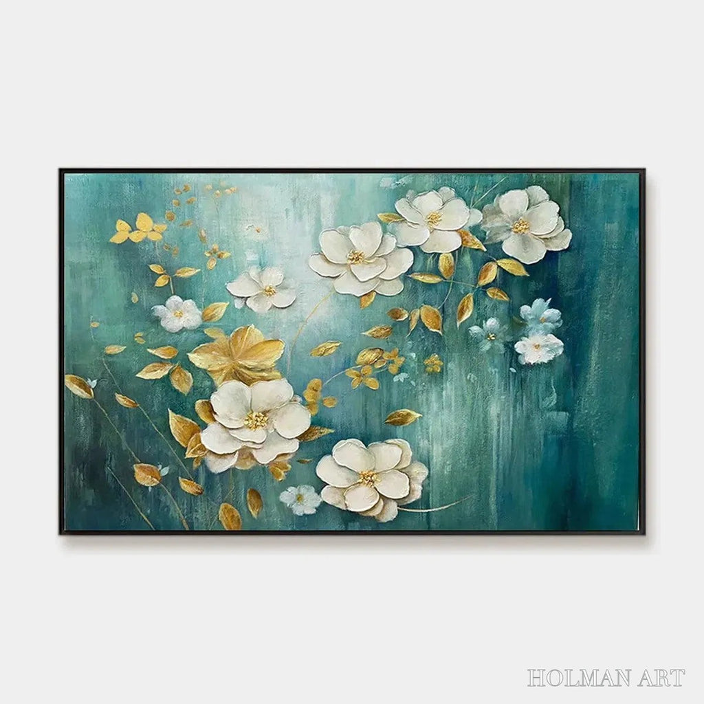 HOLMAN ART Golden Garden – White and Gold Floral Painting, Teal Green Background , Horizontal Canvas, Impressionist Decor - image 1
