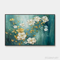 HOLMAN ART Golden Garden – White and Gold Floral Painting, Teal Green Background , Horizontal Canvas, Impressionist Decor - image 1