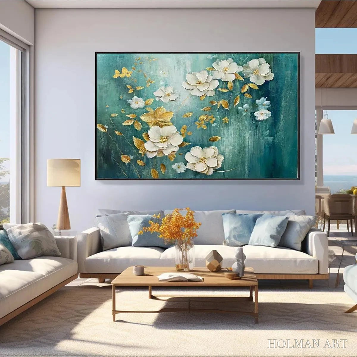 HOLMAN ART Golden Garden – White and Gold Floral Painting, Teal Green Background , Horizontal Canvas, Impressionist Decor - image 2