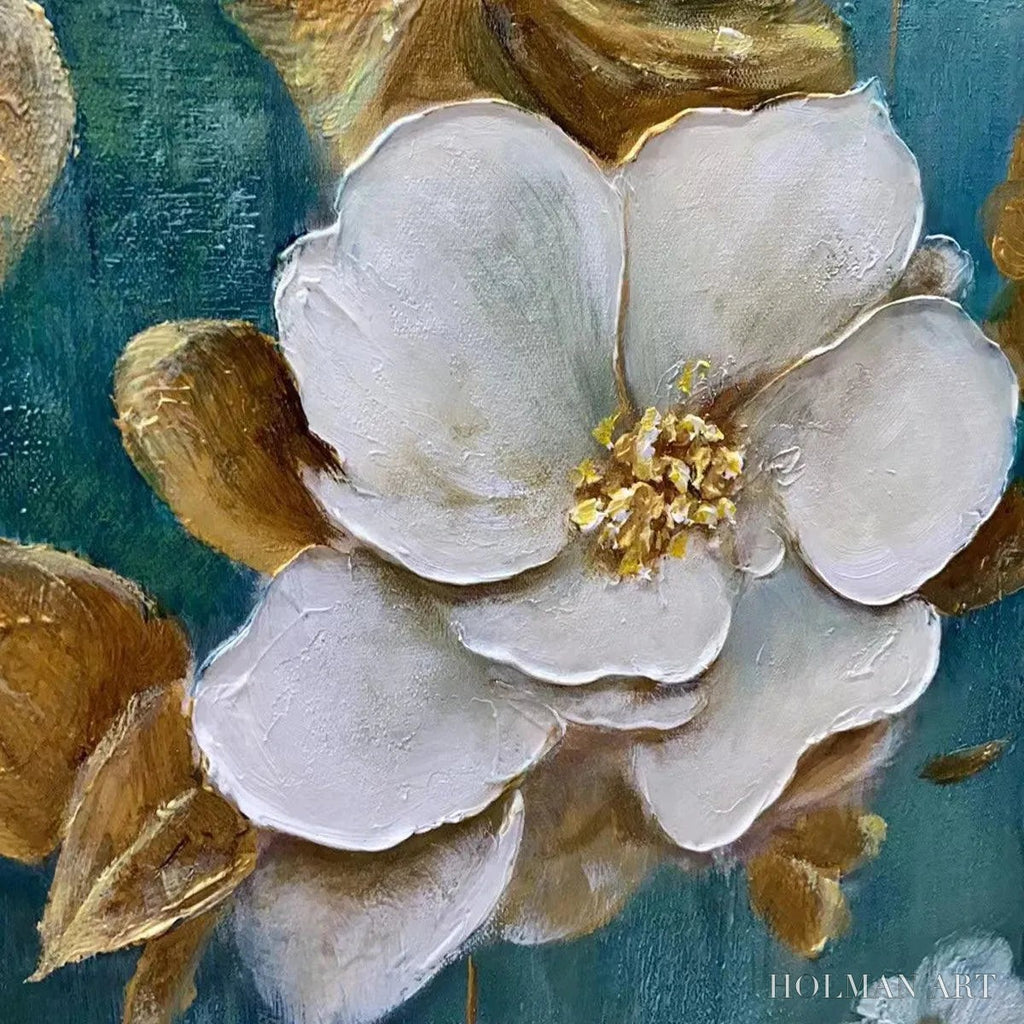 HOLMAN ART Golden Garden – White and Gold Floral Painting, Teal Green Background , Horizontal Canvas, Impressionist Decor - image 3
