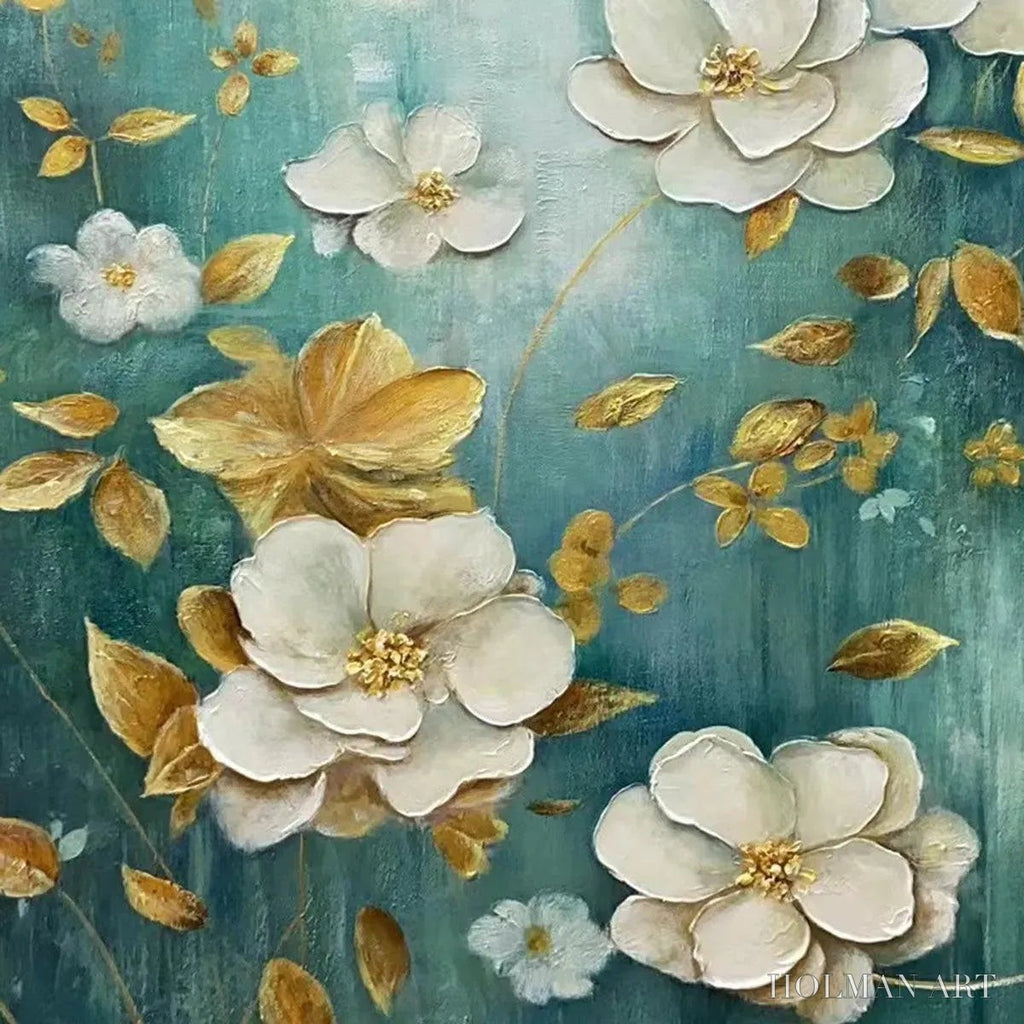 HOLMAN ART Golden Garden – White and Gold Floral Painting, Teal Green Background , Horizontal Canvas, Impressionist Decor - image 4
