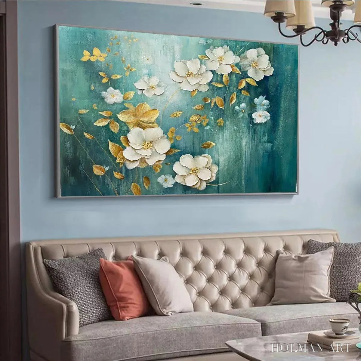 HOLMAN ART Golden Garden – White and Gold Floral Painting, Teal Green Background , Horizontal Canvas, Impressionist Decor - image 5