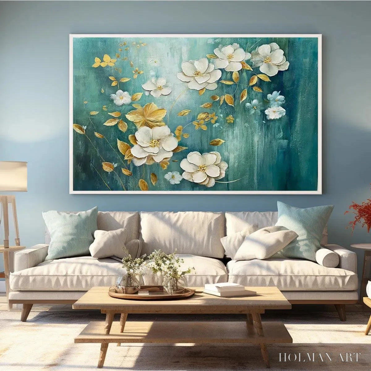 HOLMAN ART Golden Garden – White and Gold Floral Painting, Teal Green Background , Horizontal Canvas, Impressionist Decor - image 6