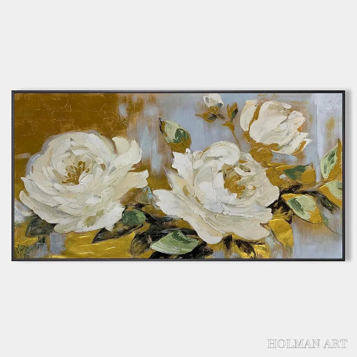 HOLMAN ART Golden Whispers – White Floral Painting with Gold Accents, Panoramic Canvas, Elegant - image 1
