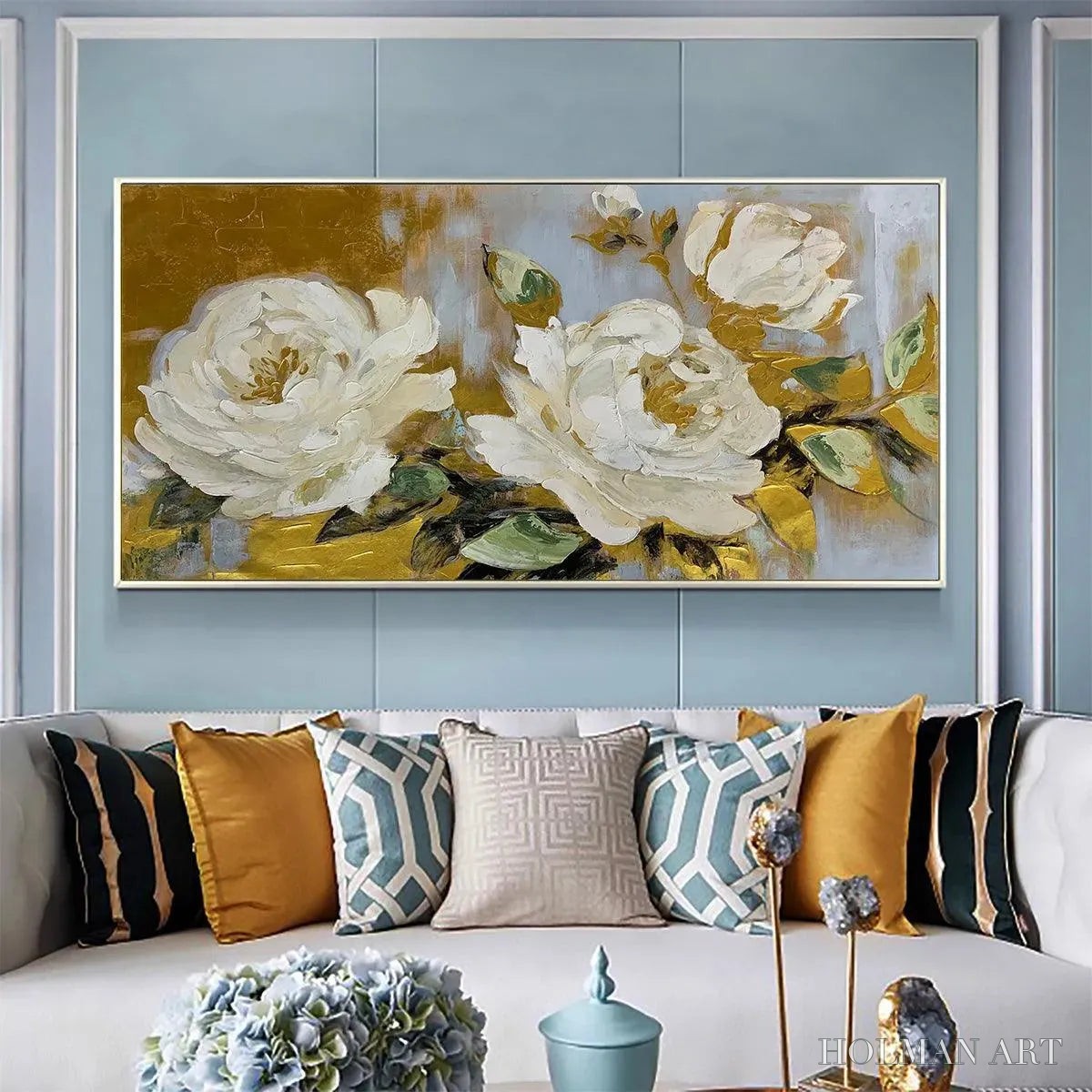 HOLMAN ART Golden Whispers – White Floral Painting with Gold Accents, Panoramic Canvas, Elegant - image 2