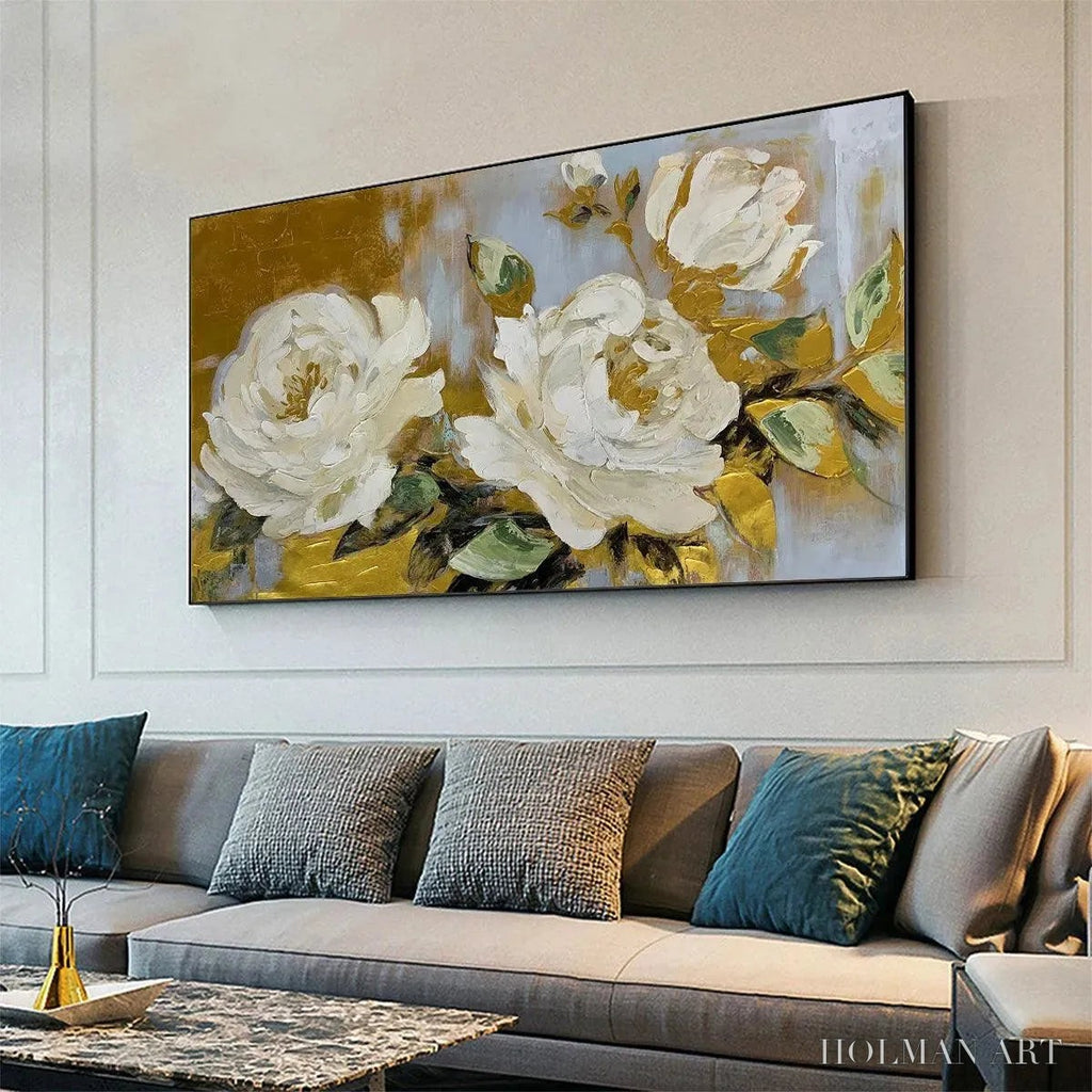 HOLMAN ART Golden Whispers – White Floral Painting with Gold Accents, Panoramic Canvas, Elegant - image 4