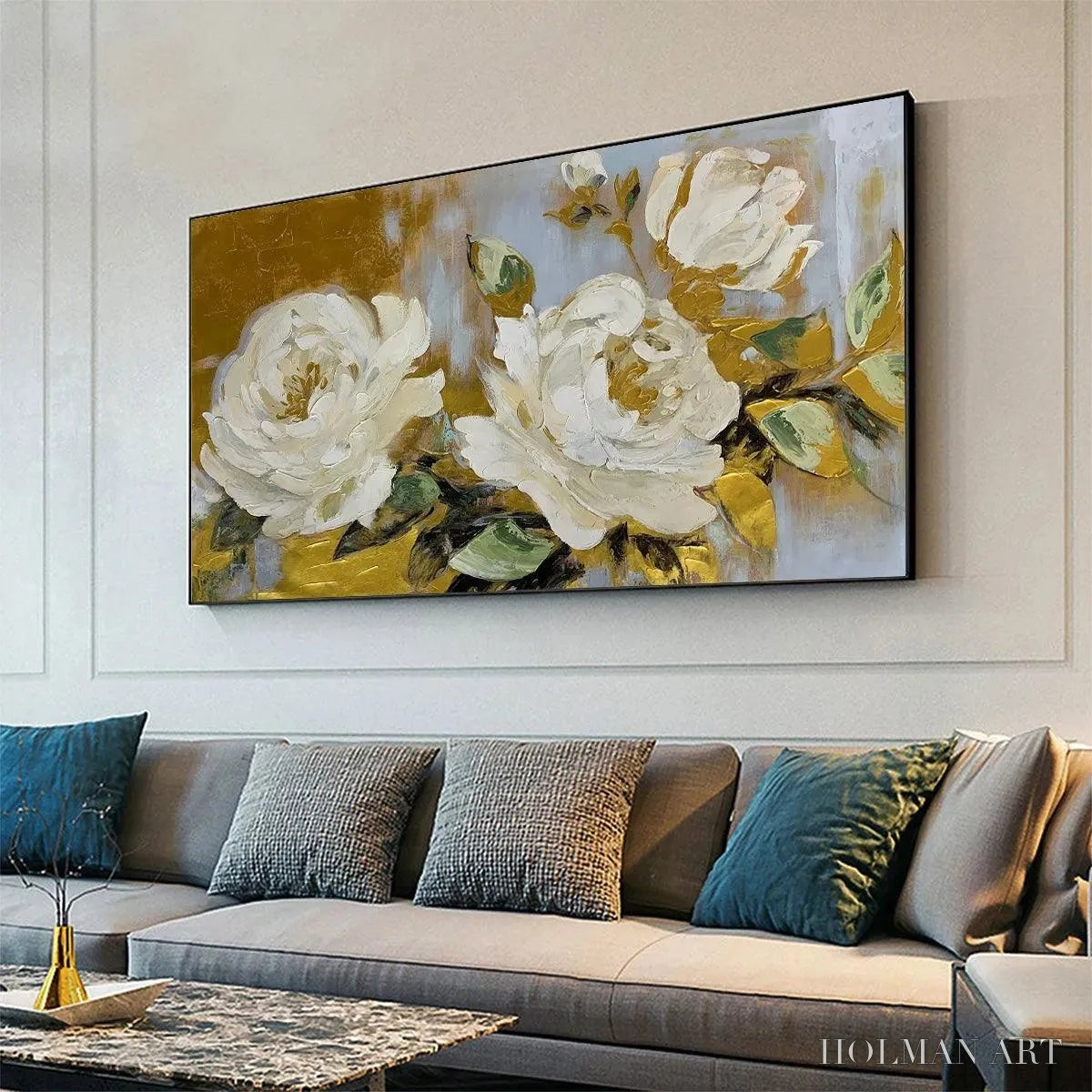 HOLMAN ART Golden Whispers – White Floral Painting with Gold Accents, Panoramic Canvas, Elegant - image 4