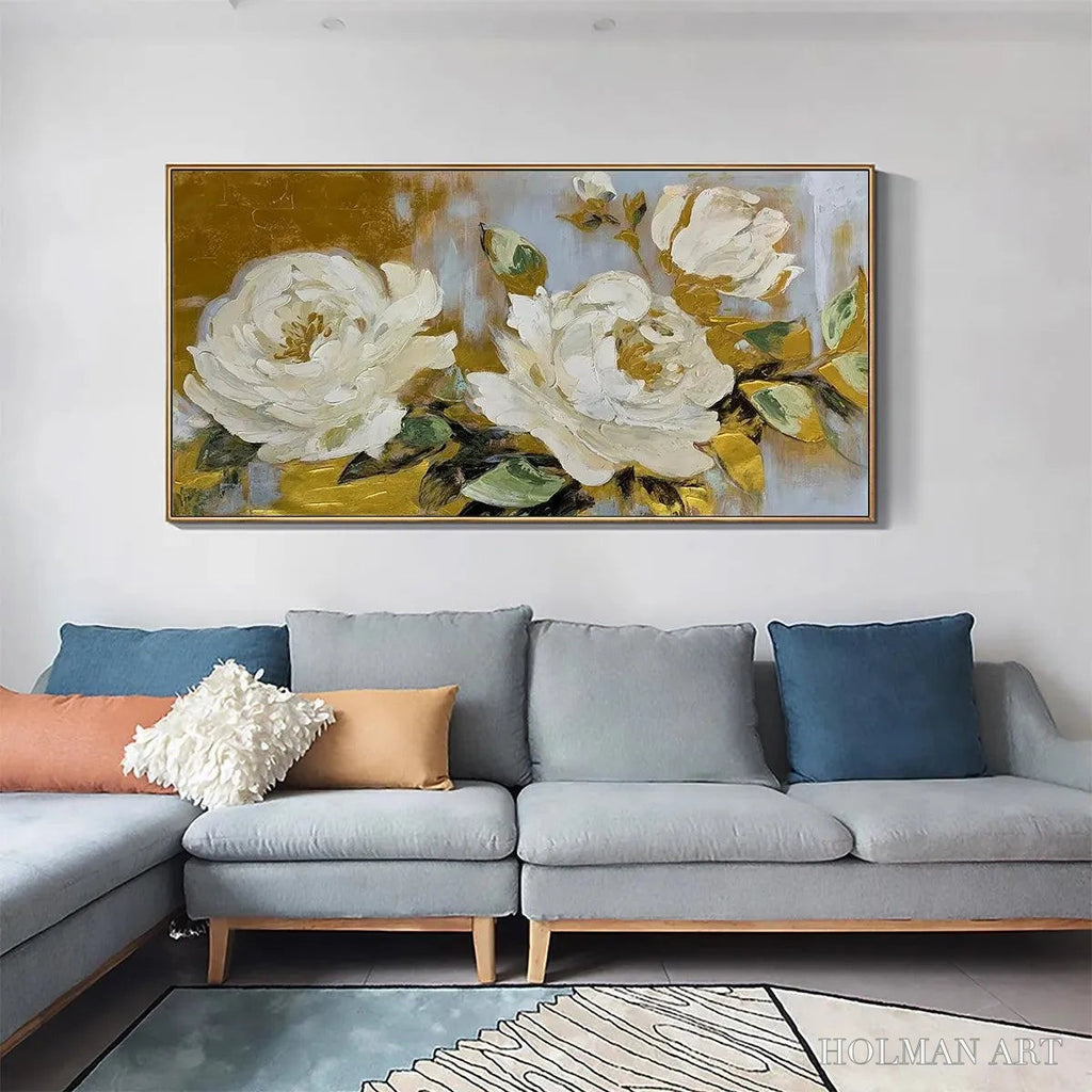 HOLMAN ART Golden Whispers – White Floral Painting with Gold Accents, Panoramic Canvas, Elegant - image 5