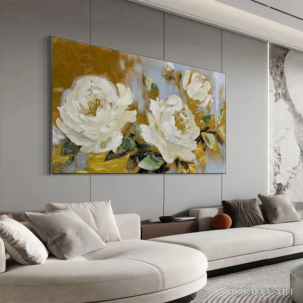 HOLMAN ART Golden Whispers – White Floral Painting with Gold Accents, Panoramic Canvas, Elegant - image 6