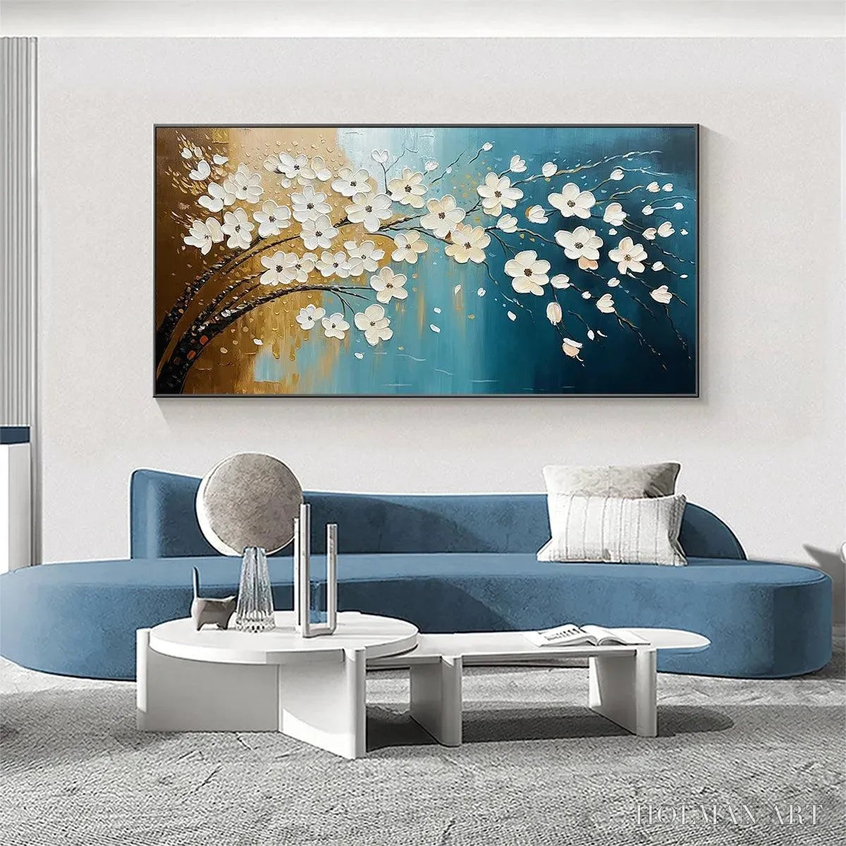 HOLMAN ART Hand-Painted Floral Tree Oil Painting - Blue & Gold - image 2