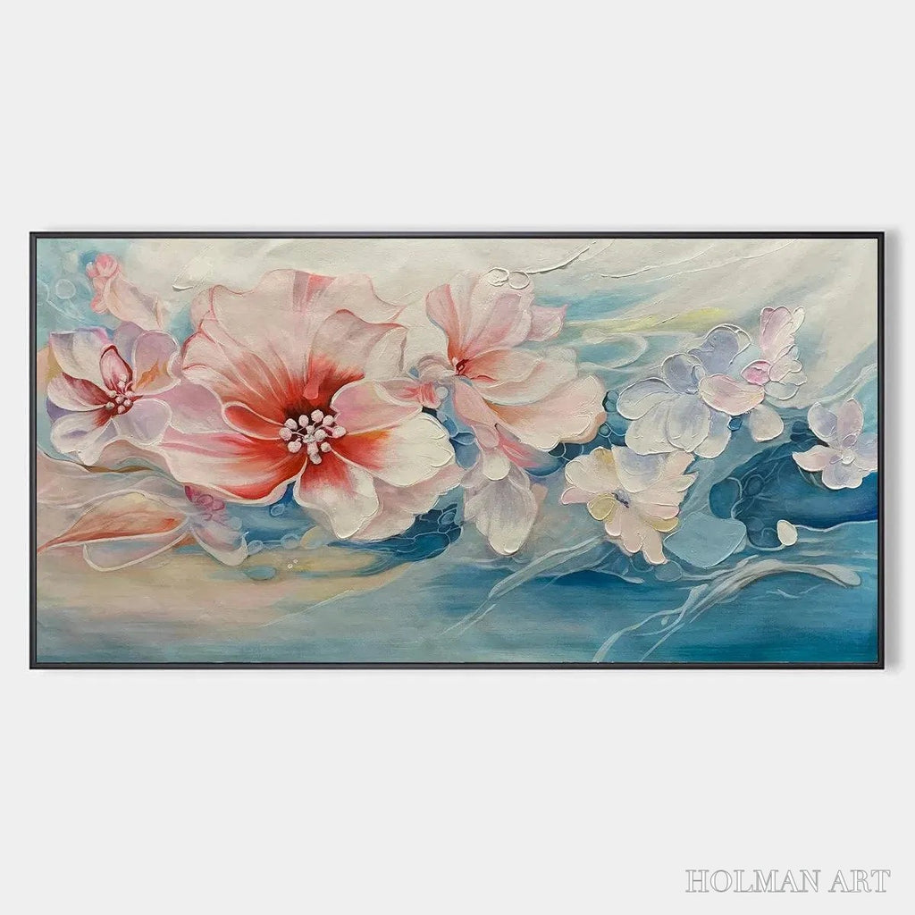 HOLMAN ART Blushing Blooms – Panoramic Floral Painting in Pink and Blue, Modern Impressionist - image 1