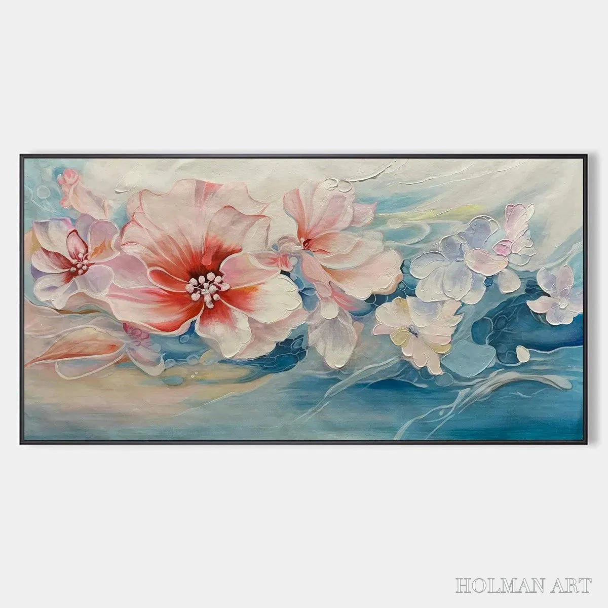HOLMAN ART Blushing Blooms – Panoramic Floral Painting in Pink and Blue, Modern Impressionist - image 1