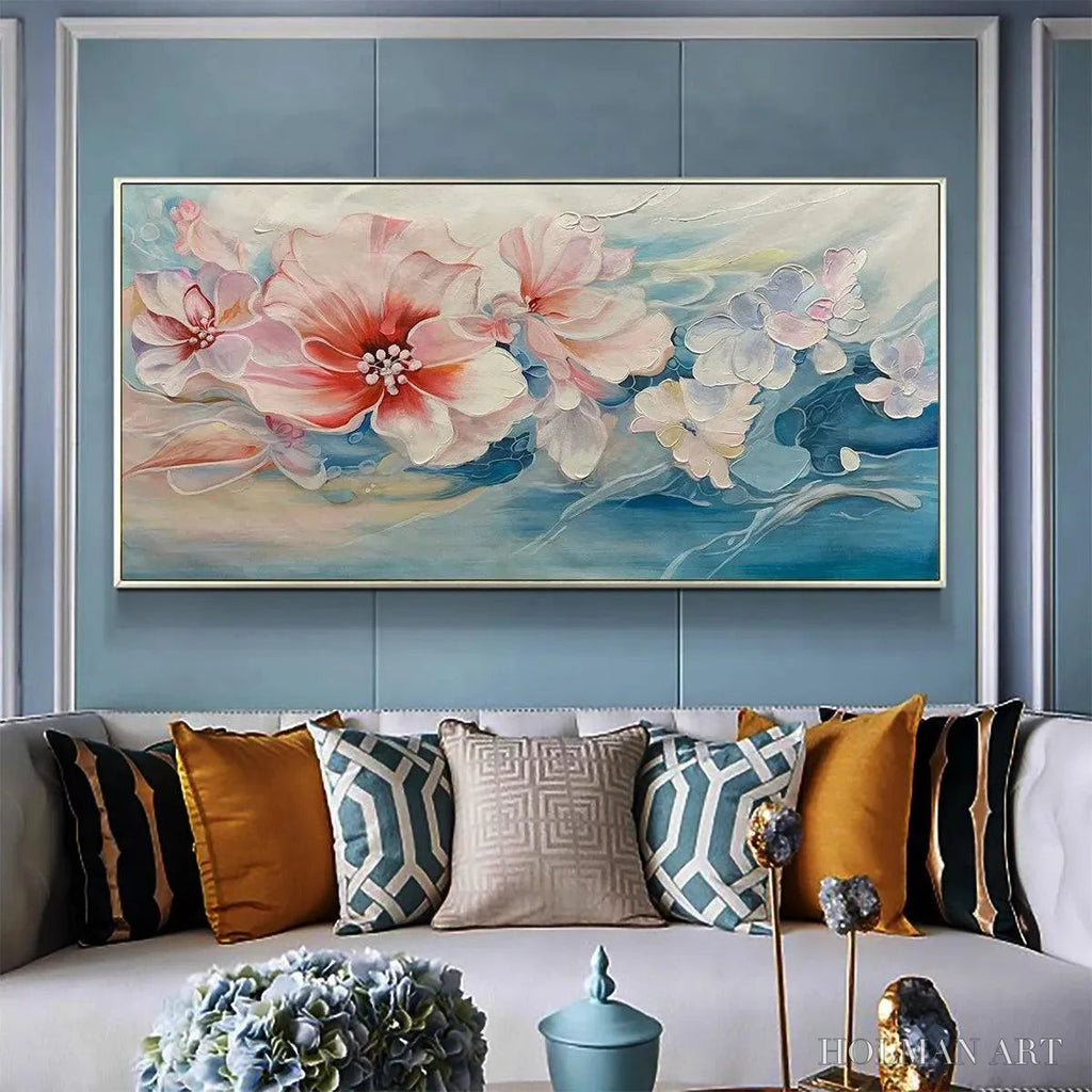 HOLMAN ART Blushing Blooms – Panoramic Floral Painting in Pink and Blue, Modern Impressionist - image 2