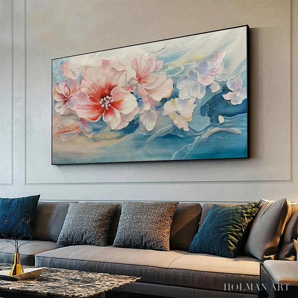 HOLMAN ART Blushing Blooms – Panoramic Floral Painting in Pink and Blue, Modern Impressionist - image 4