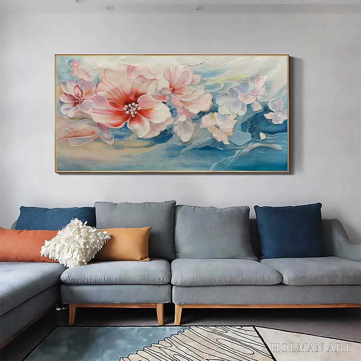 HOLMAN ART Blushing Blooms – Panoramic Floral Painting in Pink and Blue, Modern Impressionist - image 5