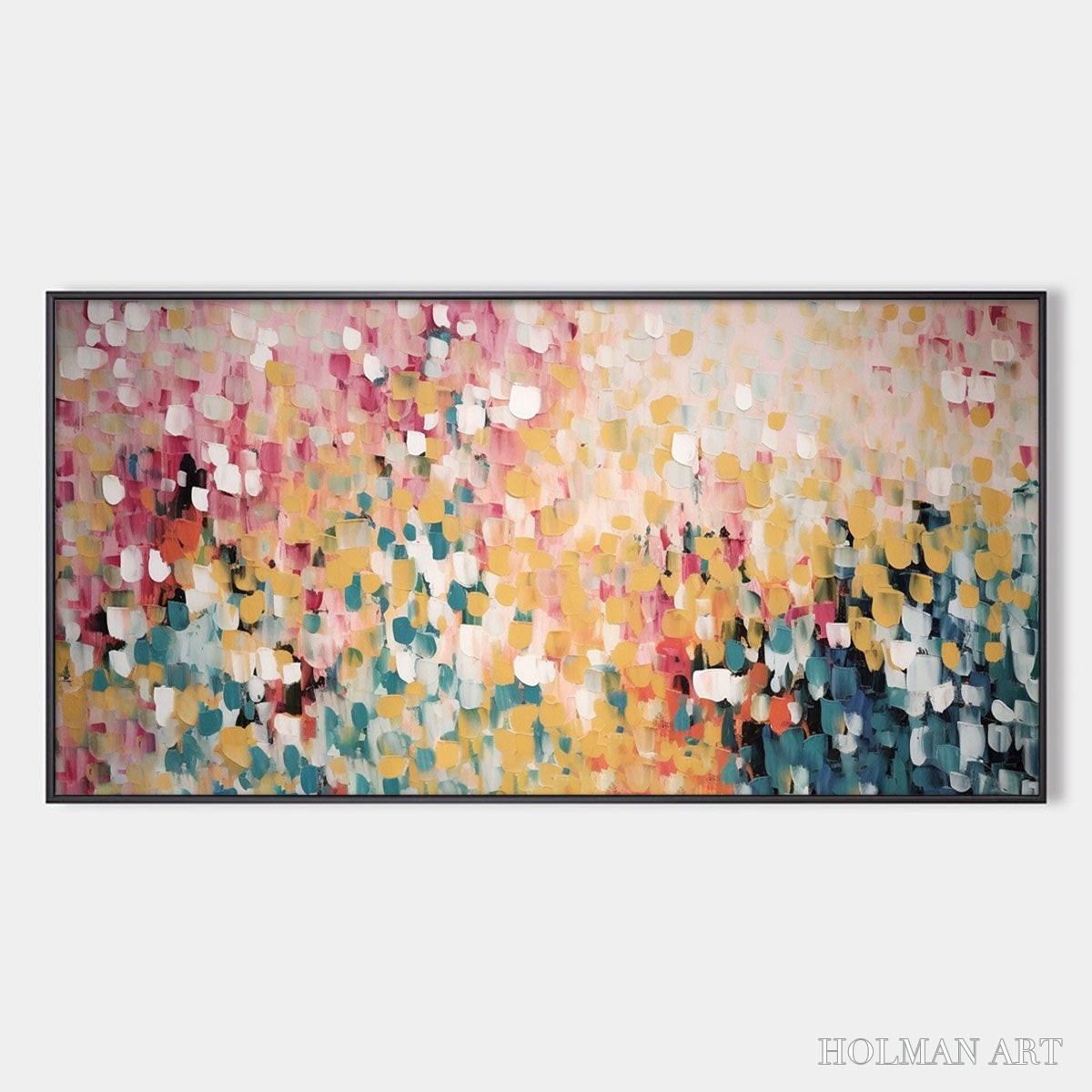 HOLMAN ART Confetti Garden – Abstract Floral Painting in Pink, Yellow, and Teal, Panoramic Canvas, Modern - image 1