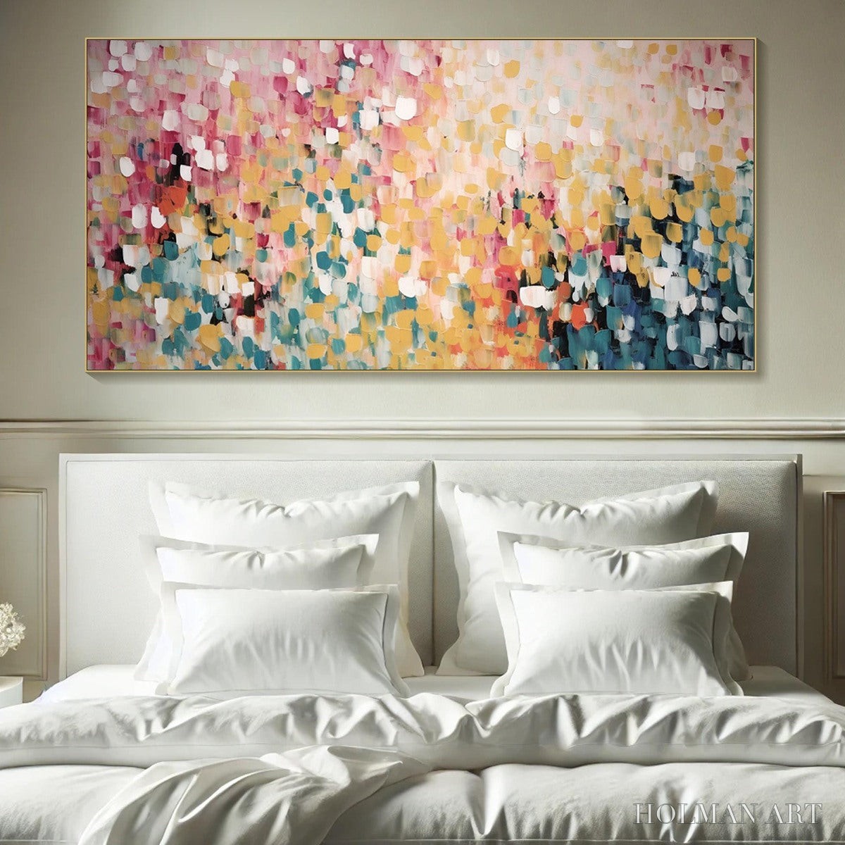 HOLMAN ART Confetti Garden – Abstract Floral Painting in Pink, Yellow, and Teal, Panoramic Canvas, Modern - image 2