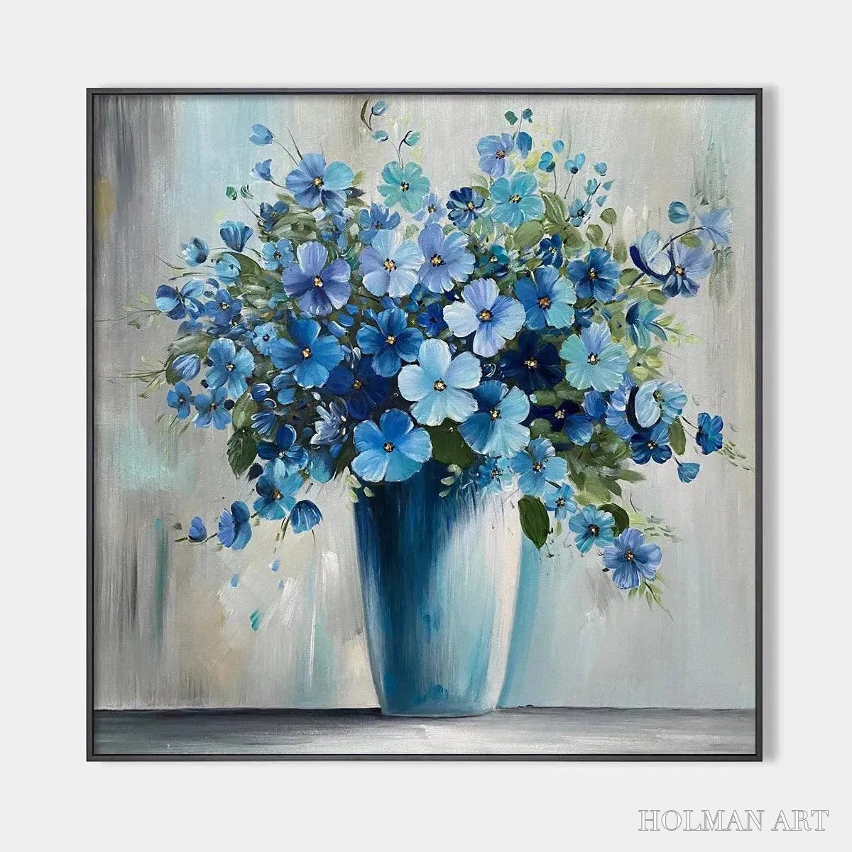 HOLMAN ART Blue Serenity – Blue Floral Painting, Square Canvas Art, Still Life Wall Decor, Calming Artwork - image 1