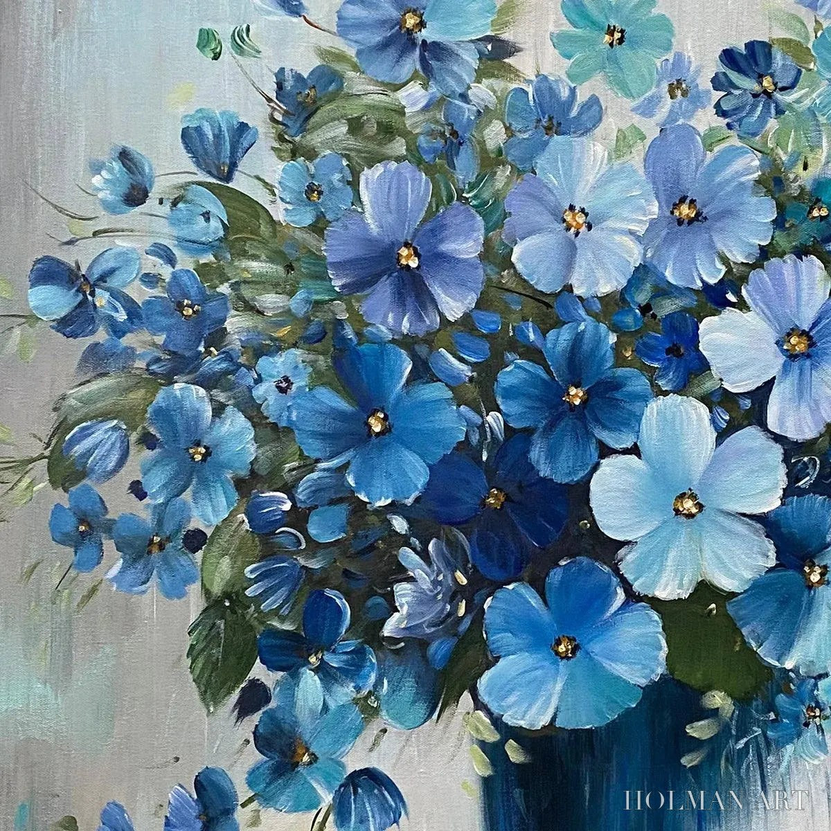 HOLMAN ART Blue Serenity – Blue Floral Painting, Square Canvas Art, Still Life Wall Decor, Calming Artwork - image 3