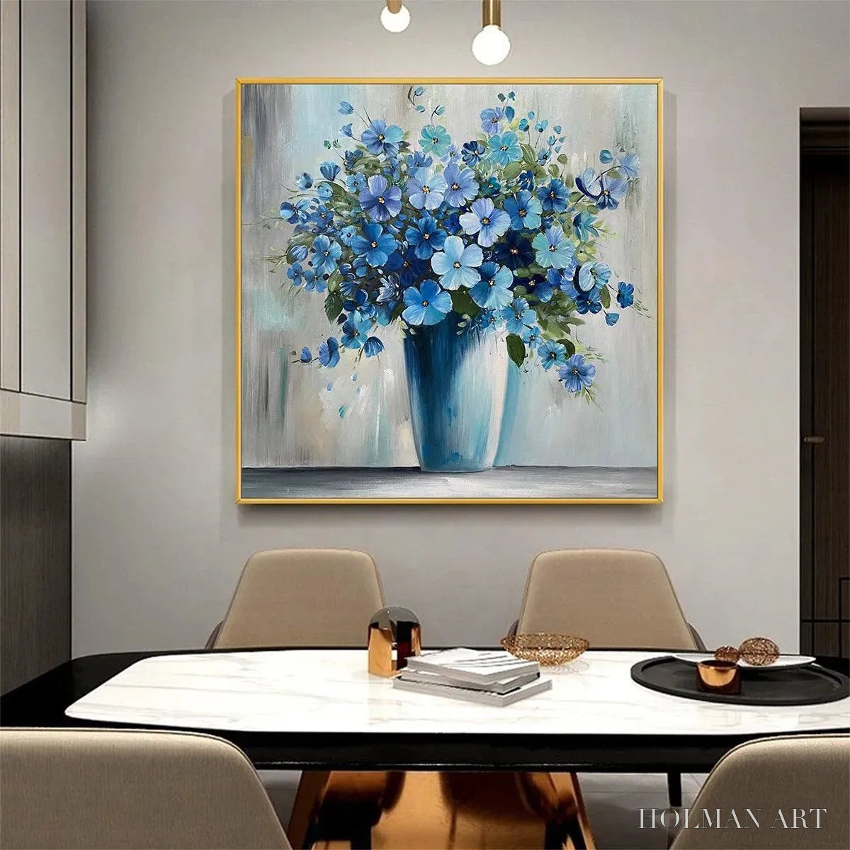 HOLMAN ART Blue Serenity – Blue Floral Painting, Square Canvas Art, Still Life Wall Decor, Calming Artwork - image 6