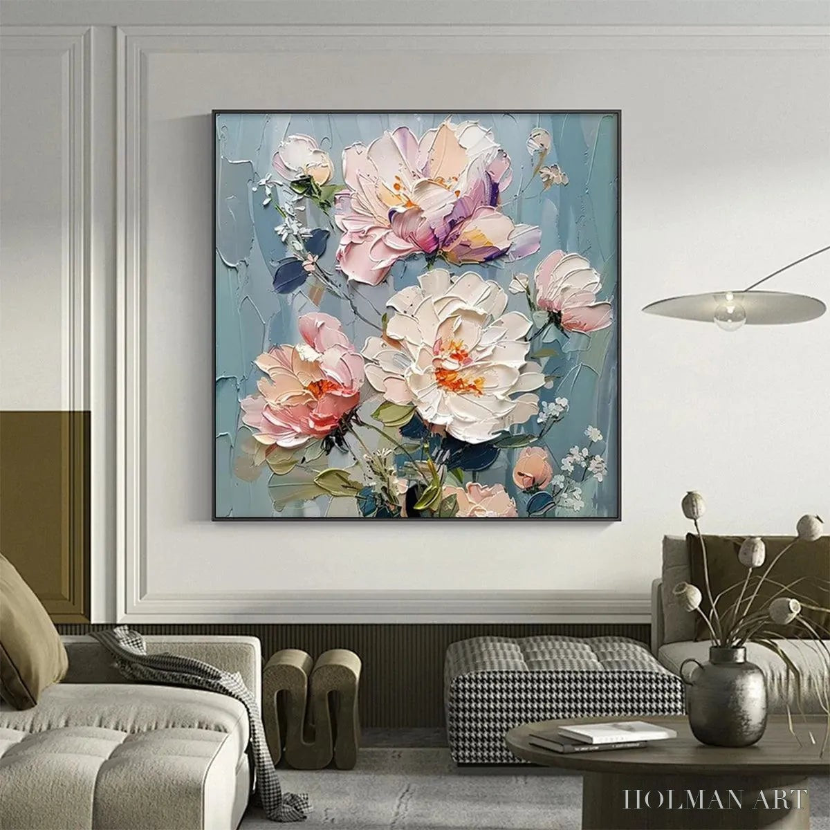 HOLMAN ART Pastel Peonies – Textured Peony Painting, Impasto Floral , Square Canvas, Romantic Decor - image 2