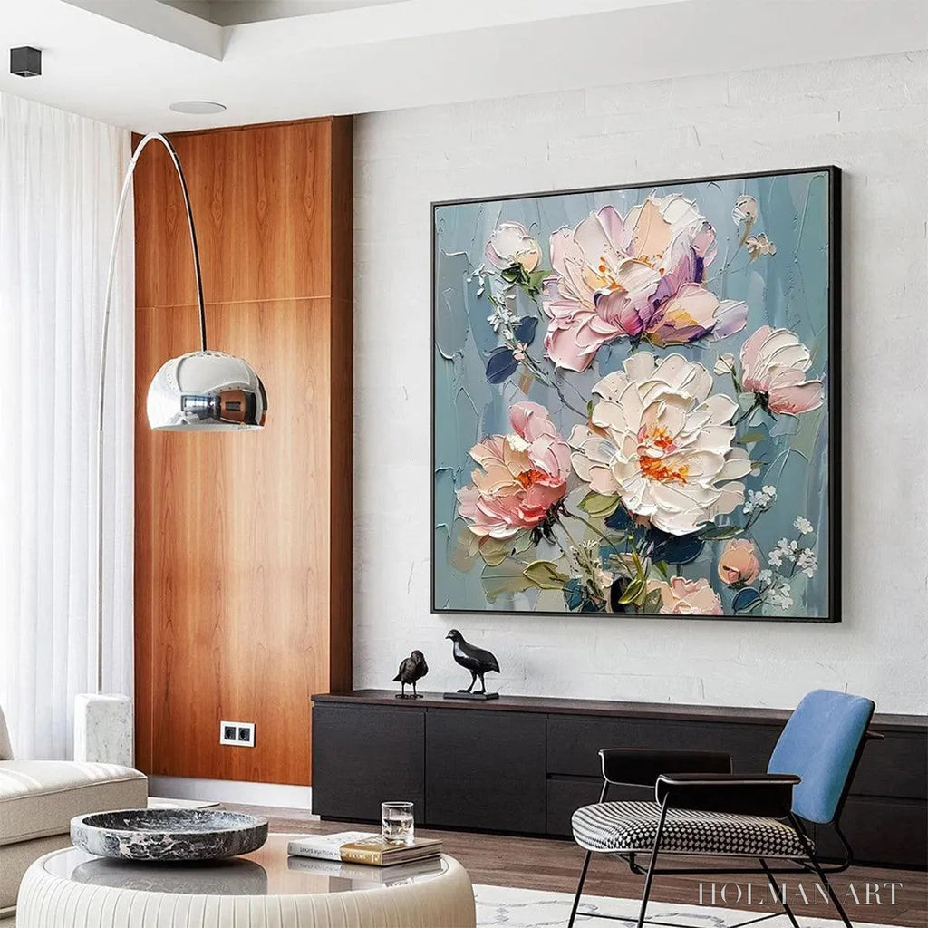HOLMAN ART Pastel Peonies – Textured Peony Painting, Impasto Floral , Square Canvas, Romantic Decor - image 4