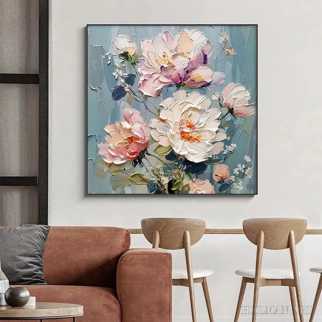 HOLMAN ART Pastel Peonies – Textured Peony Painting, Impasto Floral , Square Canvas, Romantic Decor - image 5