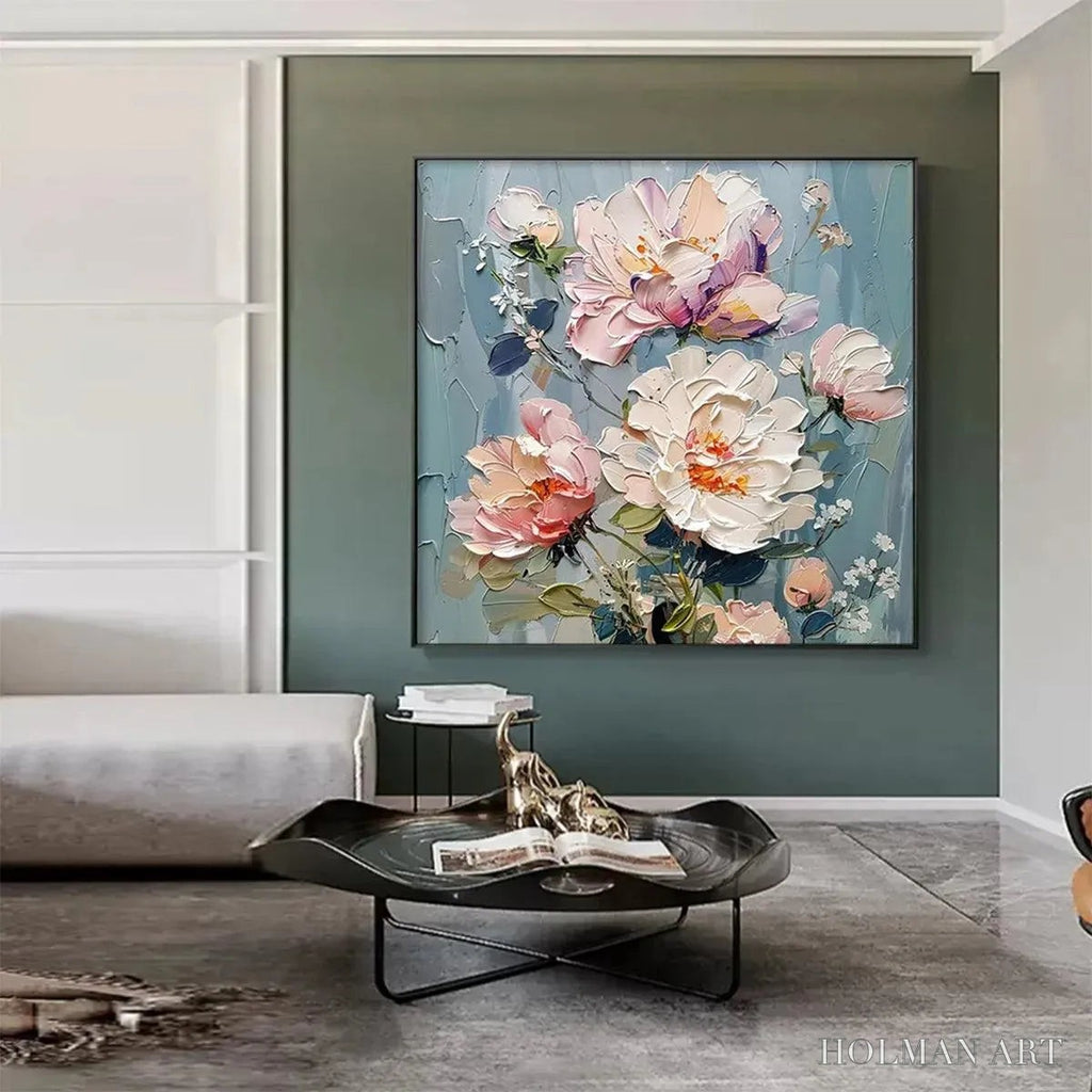 HOLMAN ART Pastel Peonies – Textured Peony Painting, Impasto Floral , Square Canvas, Romantic Decor - image 6