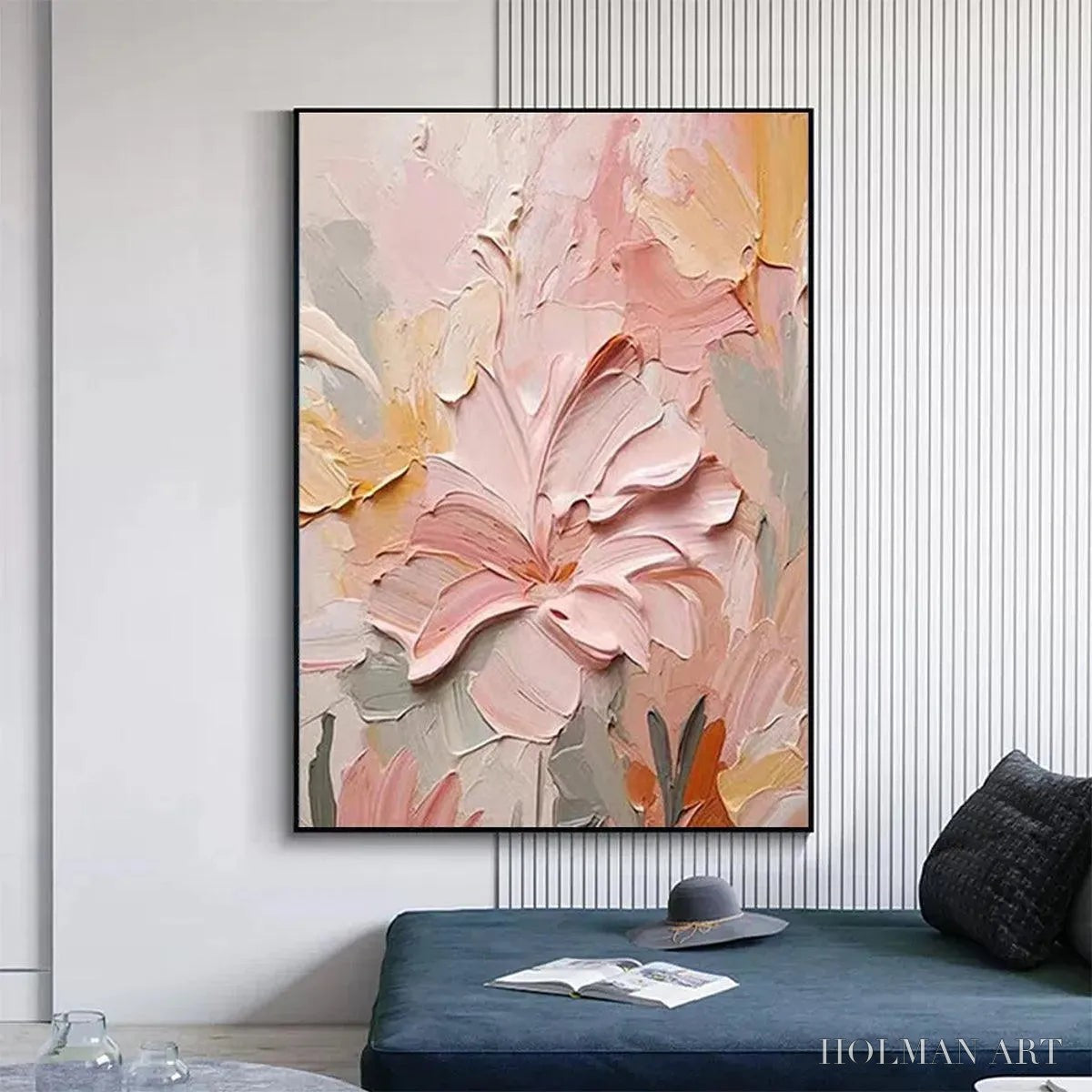 HOLMAN ART Blushing Blooms – Textured Floral Painting, Pink and Peach , Vertical Canvas, Impasto Decor - image 2