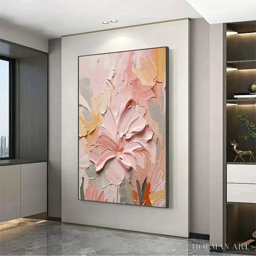 HOLMAN ART Blushing Blooms – Textured Floral Painting, Pink and Peach , Vertical Canvas, Impasto Decor - image 4