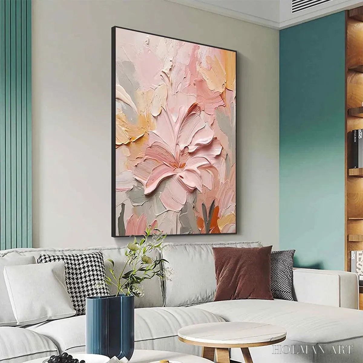 HOLMAN ART Blushing Blooms – Textured Floral Painting, Pink and Peach , Vertical Canvas, Impasto Decor - image 5