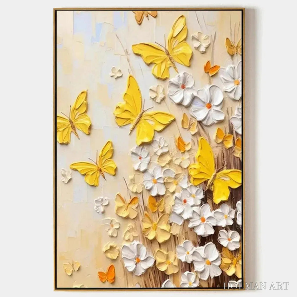 HOLMAN ART Golden Butterflies – Textured Butterfly and Floral Painting, Yellow and White , Vertical Canvas, Impasto Decor - image 1