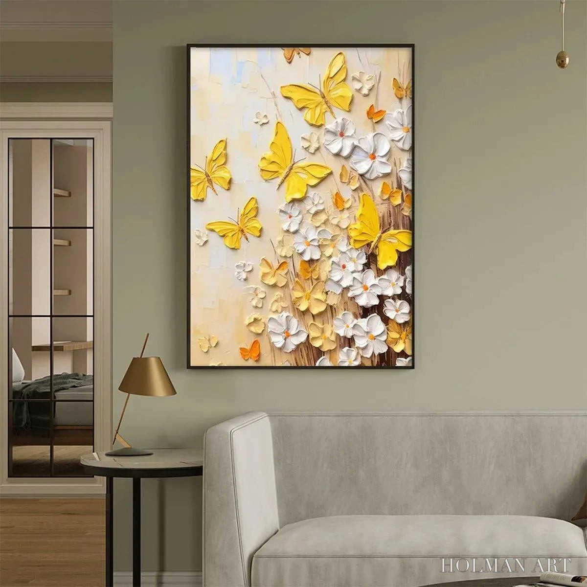 HOLMAN ART Golden Butterflies – Textured Butterfly and Floral Painting, Yellow and White , Vertical Canvas, Impasto Decor - image 2