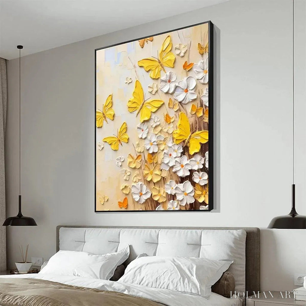 HOLMAN ART Golden Butterflies – Textured Butterfly and Floral Painting, Yellow and White , Vertical Canvas, Impasto Decor - image 4