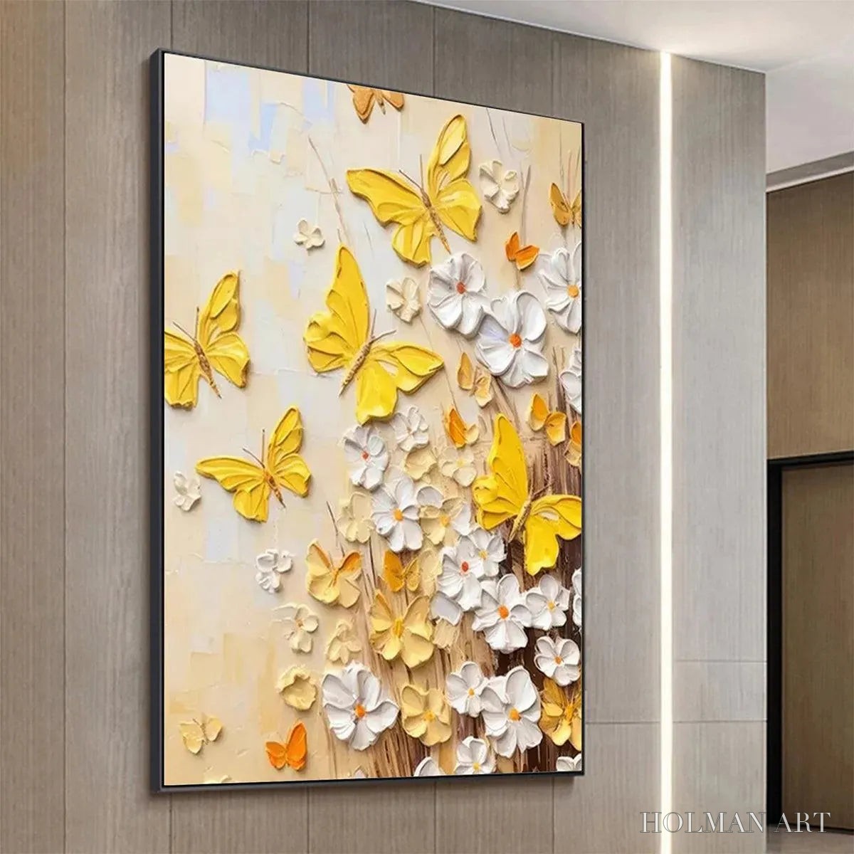 HOLMAN ART Golden Butterflies – Textured Butterfly and Floral Painting, Yellow and White , Vertical Canvas, Impasto Decor - image 5