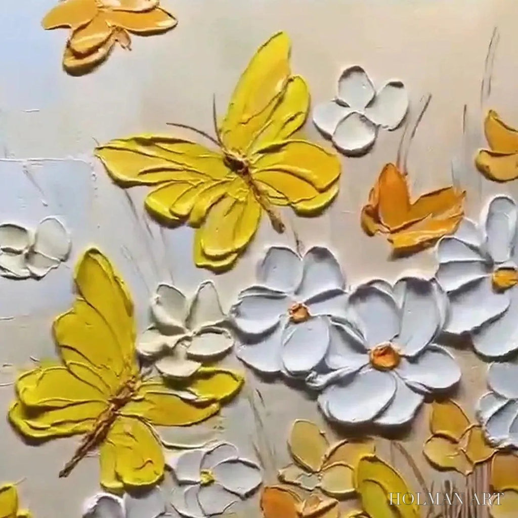 HOLMAN ART Golden Butterflies – Textured Butterfly and Floral Painting, Yellow and White , Vertical Canvas, Impasto Decor - image 6