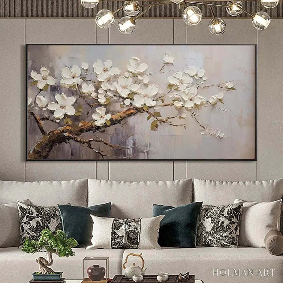 HOLMAN ART White Blossoms – Textured Floral Painting, White Flower , Panoramic Canvas, Impressionist Decor - image 3