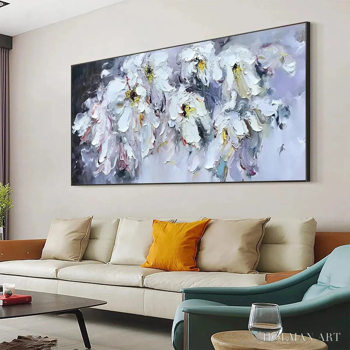 HOLMAN ART White Petal Dream – Floral Painting, Impasto, Textured , White Flowers, Panoramic - image 4
