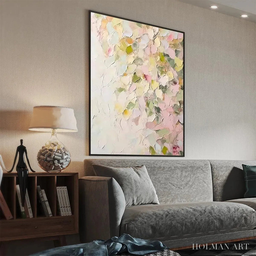 HOLMAN ART Blushing Blooms – Textured Abstract Floral Painting, Pastel Pink and Green , Vertical Canvas, Impasto Decor - image 4