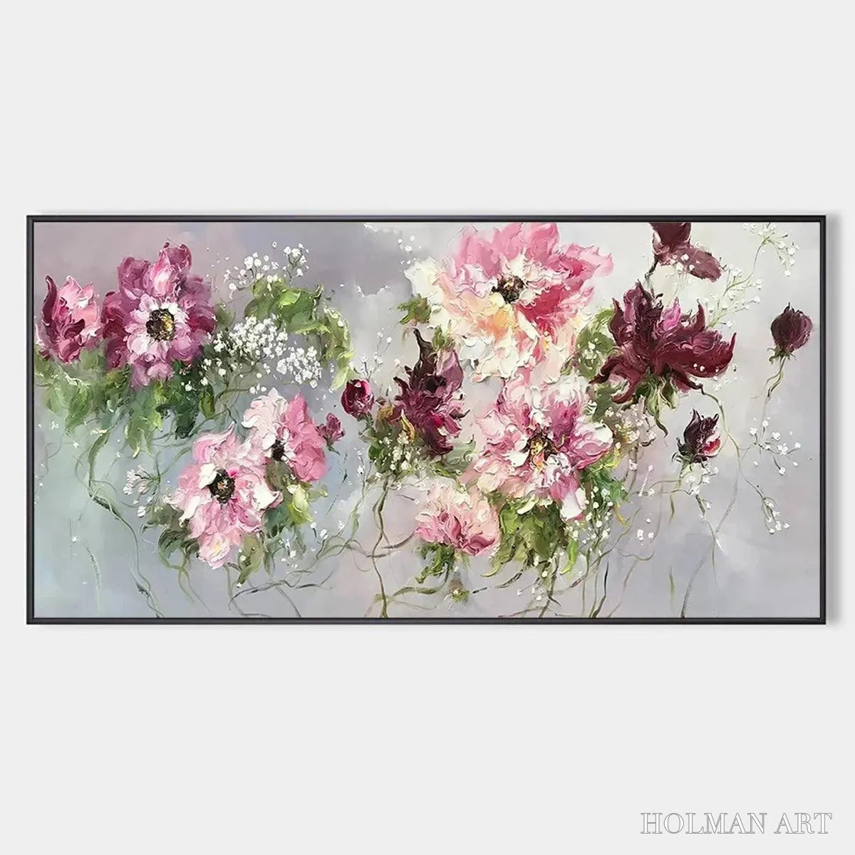 HOLMAN ART Wild Rose Whispers – Floral Painting, Panoramic , Romantic Decor, Pink and Burgundy Flowers - image 1
