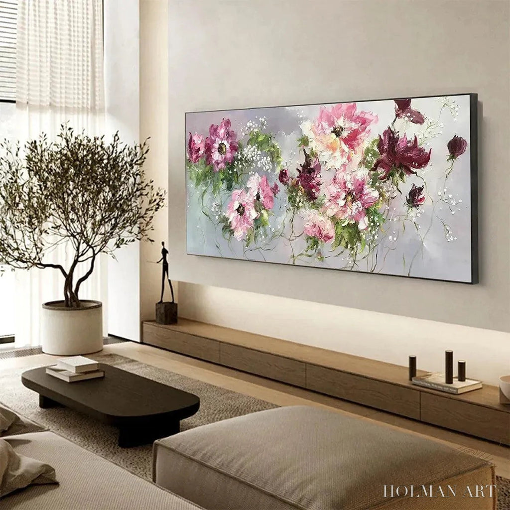 HOLMAN ART Wild Rose Whispers – Floral Painting, Panoramic , Romantic Decor, Pink and Burgundy Flowers - image 5