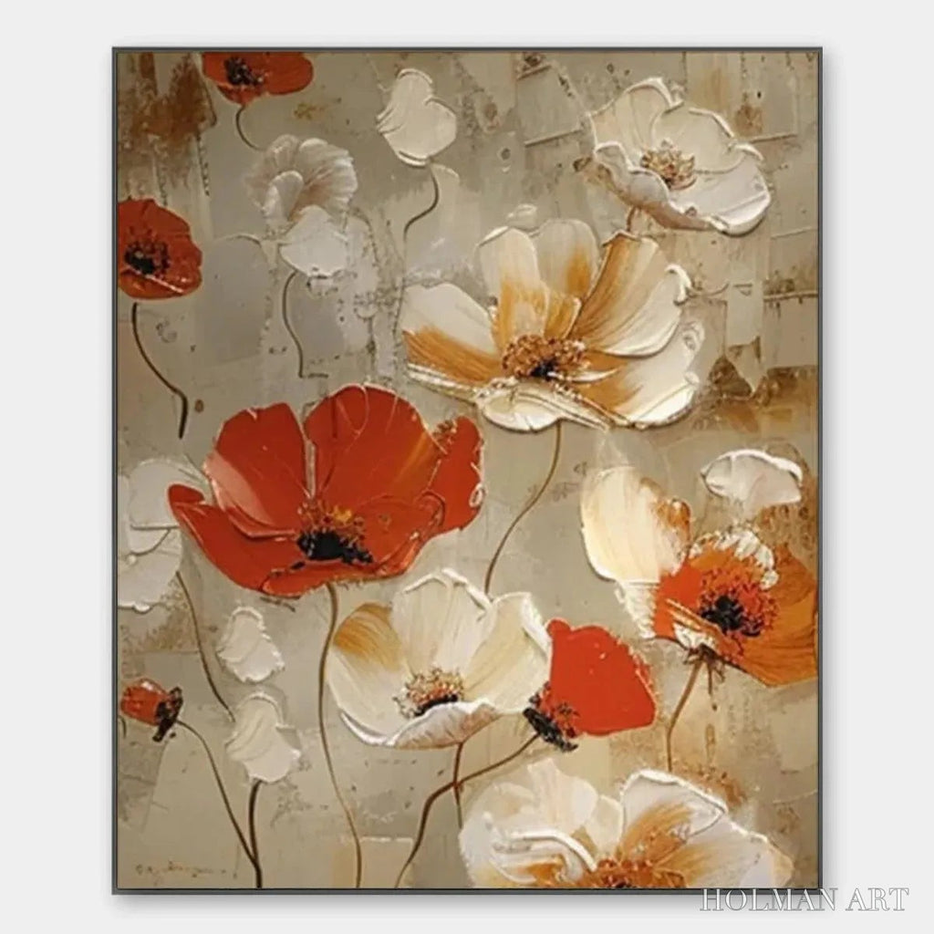 HOLMAN ART Crimson Fields – Textured Poppy Painting, Red and White Floral , Square Canvas, Romantic Decor - image 1