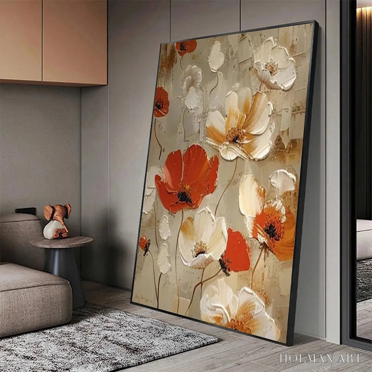 HOLMAN ART Crimson Fields – Textured Poppy Painting, Red and White Floral , Square Canvas, Romantic Decor - image 5