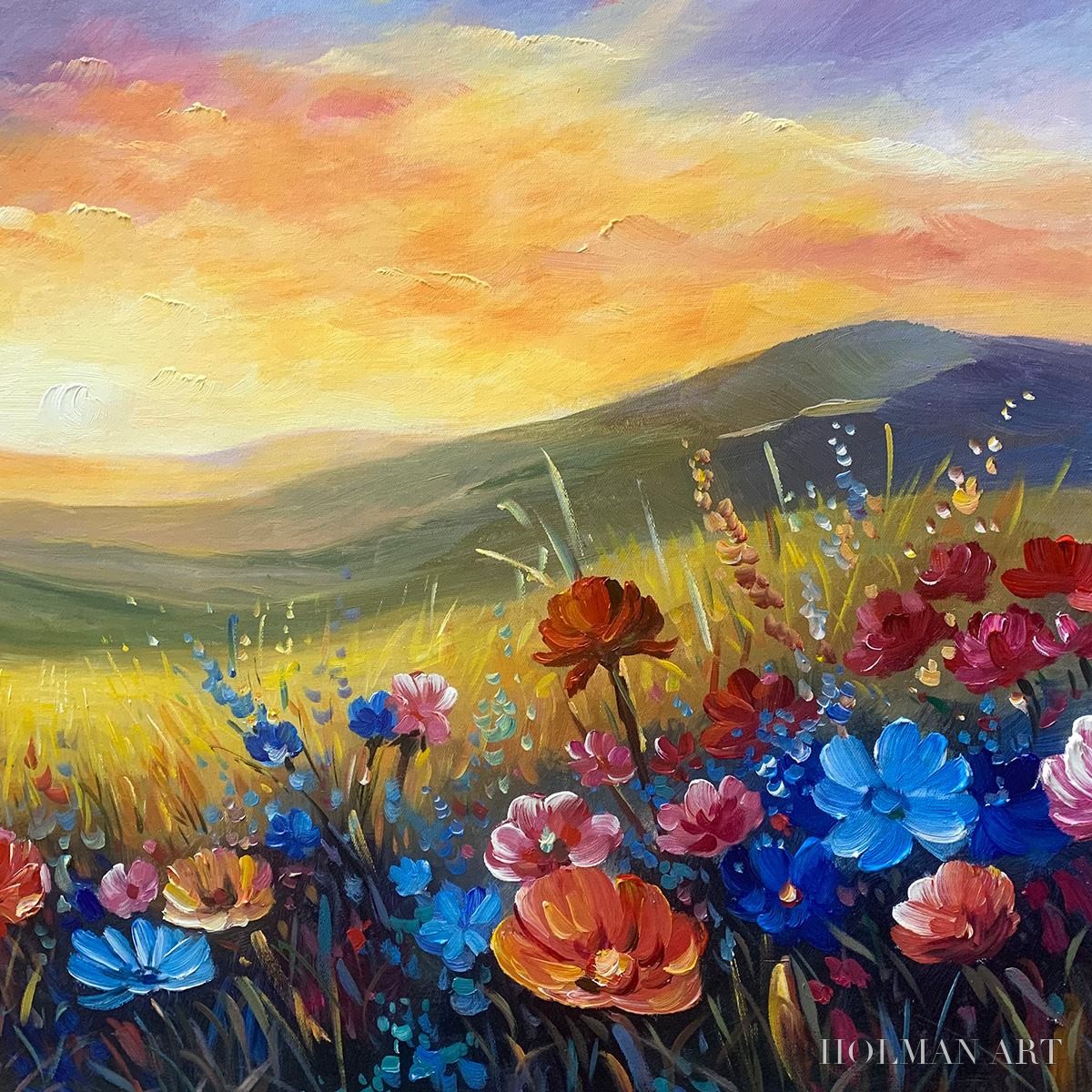 HOLMAN ART Sunset Serenade – Textured Floral Landscape Painting, Impasto , Horizontal Canvas, Sunset Decor - image 3