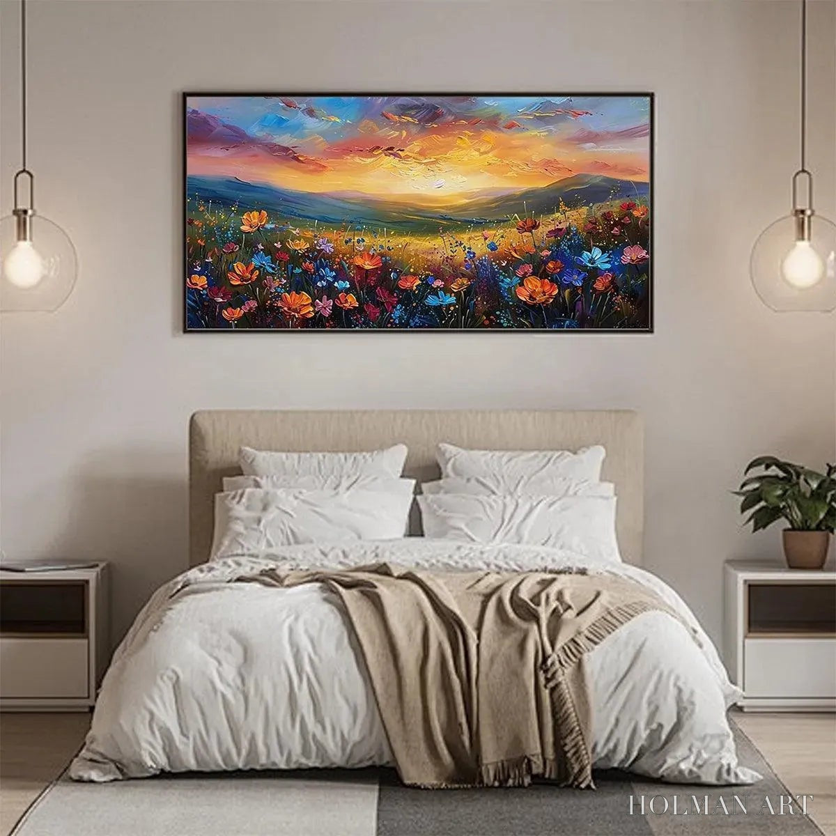 HOLMAN ART Sunset Serenade – Textured Floral Landscape Painting, Impasto , Horizontal Canvas, Sunset Decor - image 5