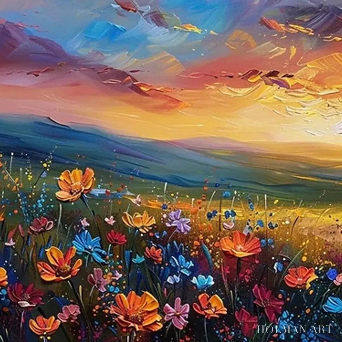 HOLMAN ART Sunset Serenade – Textured Floral Landscape Painting, Impasto , Horizontal Canvas, Sunset Decor - image 6