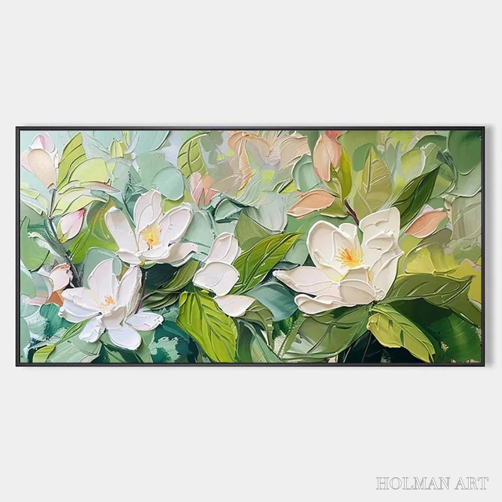 HOLMAN ART Magnolia Blossoms – Textured Floral Painting, Impasto , Horizontal Canvas, Magnolia Decor - image 1